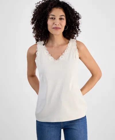 Style & Co Petite Lace Knit Cotton Tank Top, Created For Macy's In White