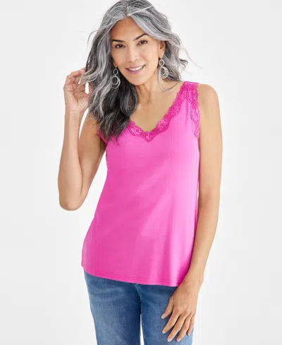 Style & Co Women's Lace-trim Cotton Tank Top, Created For Macy's In Fuchsia Tulip