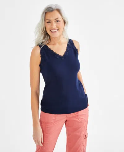Style & Co Petite Lace Knit Cotton Tank Top, Created For Macy's In Industrial Blue