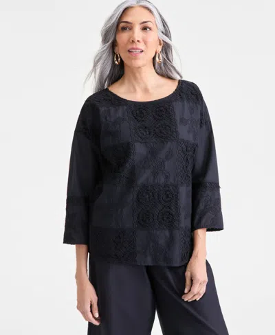 Style & Co Petite Lace Patchwork Boat Neck Top In Black