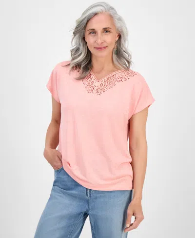 Style & Co Petite Lace-trim Cap-sleeve Top, Exclusively At Macy's In Pink