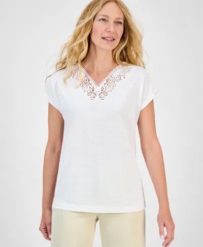 Style & Co Petite Lace-trim Cap-sleeve Top, Exclusively At Macy's In White
