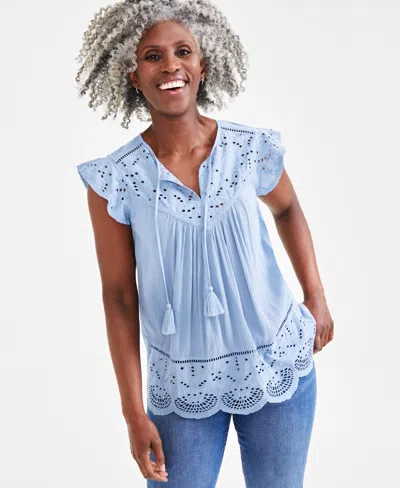 Style & Co Women's Mixed-media Lace-trimmed Top, Created For Macy's In Blue Fog