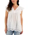 Style & Co Women's Mixed-media Lace-trimmed Top, Created For Macy's In Bright White