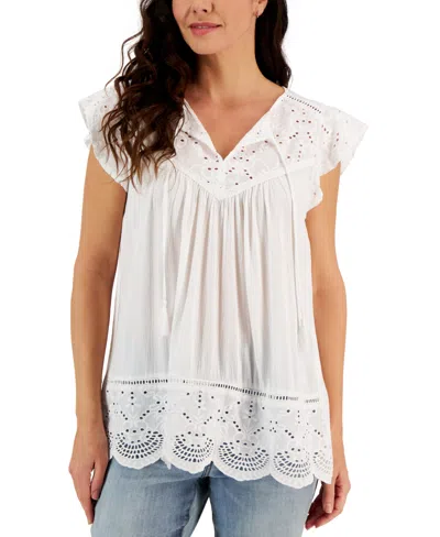 Style & Co Women's Mixed-media Lace-trimmed Top, Created For Macy's In Bright White
