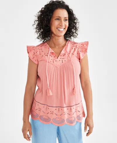 Style & Co Petite Lace-trim Mixed Media Top, Created For Macy's In Sea Coral