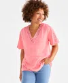 Style & Co Petite Lace-trimmed V-neck Pullover Top, Exclusively At Macy's In Salmon Ros