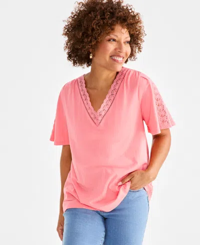 Style & Co Petite Lace-trimmed V-neck Pullover Top, Exclusively At Macy's In Salmon Ros