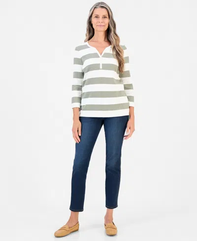 Style & Co Petite Leafy Clover 3/4-sleeve Henley Stripe Cotton-blend T-shirt, Macy's Exclusive In Multi