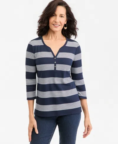 Style & Co Petite Leafy Clover 3/4-sleeve Henley Stripe Cotton-blend T-shirt, Macy's Exclusive In Blue