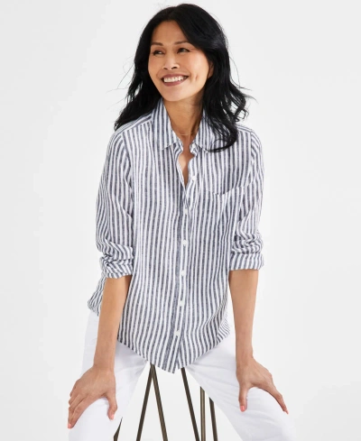 Style & Co Petite Linen Blend Beach Stripe Perfect Shirt, Created For Macy's In Beach Stripe Blue