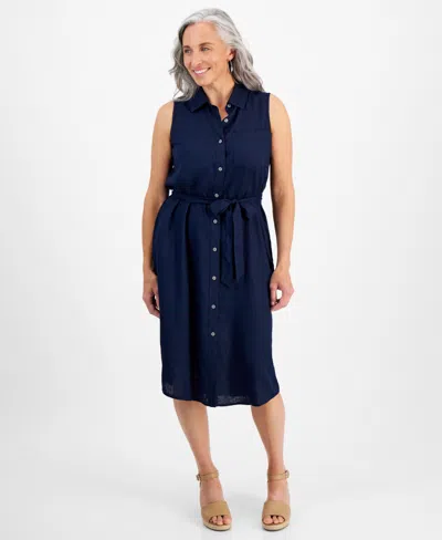 Style & Co Petite Linen Sleeveless Shirt Dress, Created For Macy's In Industrial Blue