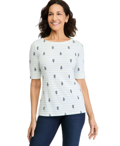 Style & Co Petite Lively Stripe Elbow-length Sleeve Boat Neck T-shirt, Macy's Exclusive In Fresh Vanilla
