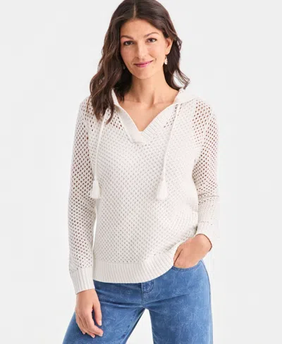 Style & Co Petite Long-sleeve Open Stitch V-neck Hooded Sweater, Macy's Exclusive In White
