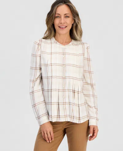 Style & Co Petite Long-sleeve Plaid Band-collar Button-up Blouse, Macy's Exclusive In Neutral
