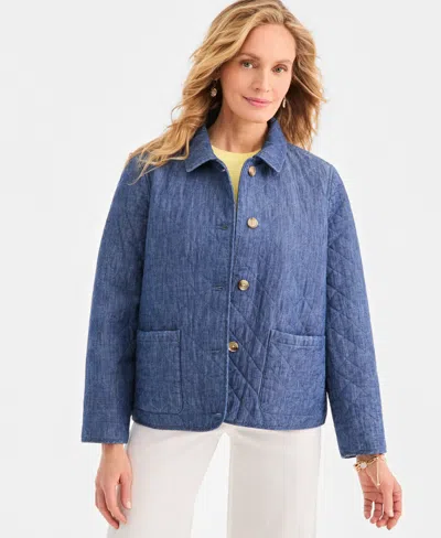 Style & Co Petite Long-sleeve Quilted Button-front Closure Collared Jacket, Macy's Exclusive In Moddy Blue