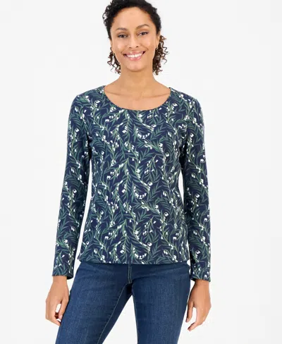 Style & Co Petite Long-sleeve Scoop Neck Cotton-blend T-shirt, Macy's Exclusive In Blue