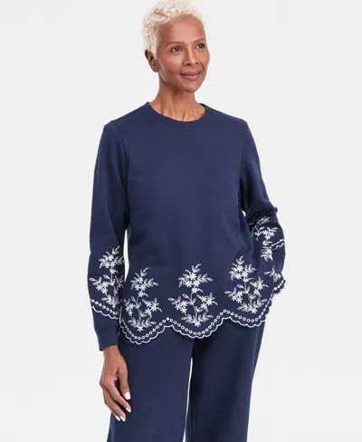 Style & Co Petite Long-sleeve Trim Eyelet Knit Crew Neck Top, Macy's Exclusive In Blue