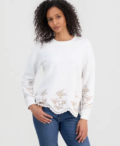 Style & Co Petite Long-sleeve Trim Eyelet Knit Crew Neck Top, Macy's Exclusive In White