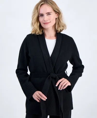 Style & Co Petite Long-sleeve Wrap V-neck Cardigan, Macy's Exclusive In Deep Black