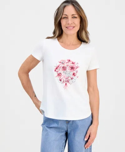 Style & Co Petite Love Flowers Perfect Crewneck T-shirt, Macy's Exclusive In Brown
