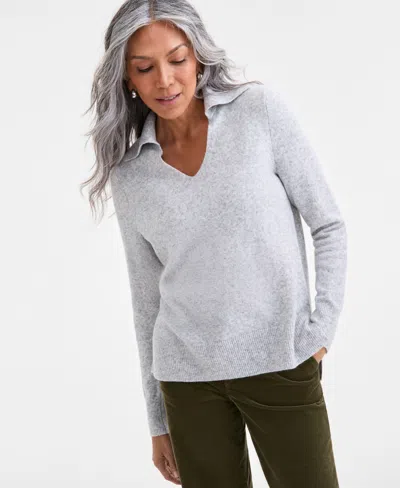 Style & Co Petite Lux Johnny-collar Sweater, Macy's Exclusive In Gray