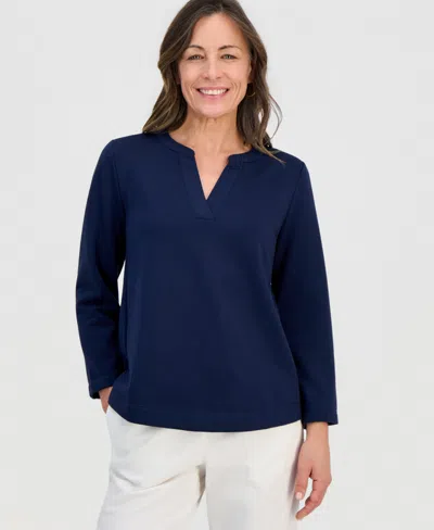 Style & Co Petite Lux Soft Bracelet-sleeve Fleece Top, Macy's Exclusive In Blue