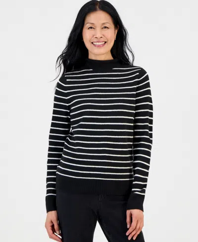 Style & Co Petite Lux Stripe Luxsoft Mock Neck Long Sleeve Sweater, Macy's Exclusive In Deep Black