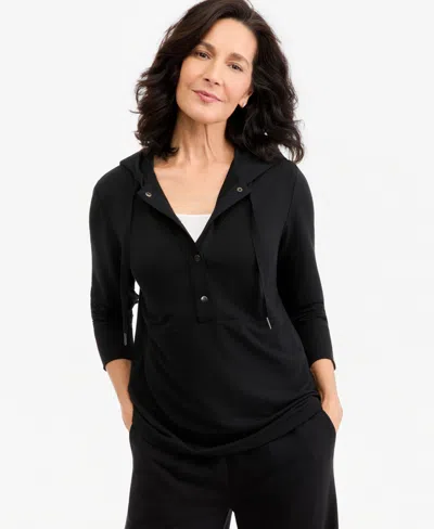 Style & Co Petite Luxlounge French Terry V-neck 3/4-sleeve Hoodie, Macy's Exclusive In Black