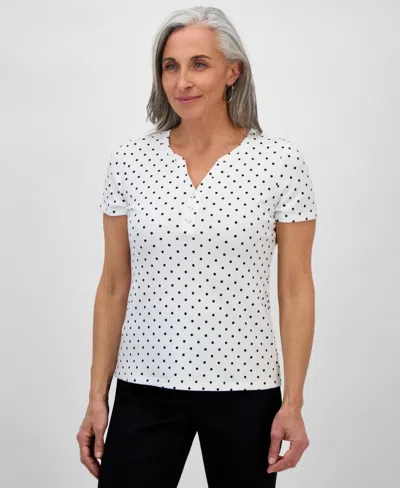 Style & Co Petite Printed Short-sleeve Henley Top, Exclusively At Macy's In Dot White