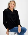 Style & Co Petite Mesh-trim Ruffled-cuff Top, Created For Macy's In Deep Black