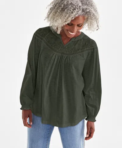 Style & Co Petite Mesh-trim Ruffled-cuff Top, Created For Macy's In Midnight Olive