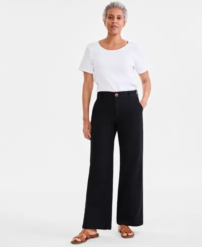 Style & Co Petite Mid-rise Dobby Twill Wide-leg Pants, Exclusively At Macy's In Deep Black