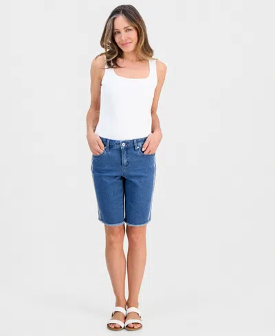 Style & Co Petite Mid-rise Embroidered Raw-edge Bermuda Shorts, Macy's Exclusive In Blue