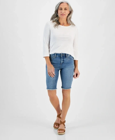 Style & Co Petite Mid Rise Raw-edge Denim Bermuda Shorts, Created For Macy's In Overland