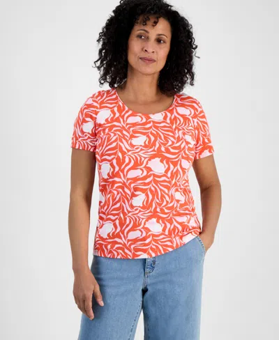 Style & Co Petite Milo Leaves Printed Short-sleeve Scoop-neck T-shirt, Exclusively At Macy's In Milo Orange