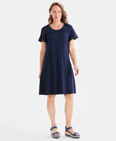 Style & Co Petite Mirror-trim Raglan-sleeve Swing Dress, Macy's Exclusive In Blue