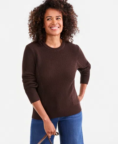 Style & Co Petite Mixed Rib Cable Crew Sweater, Created For Macy's In Rich Coffee