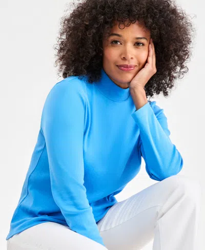 Style & Co Petite Mock-neck Cotton Long-sleeve T-shirt, Created For Macy's In Blue