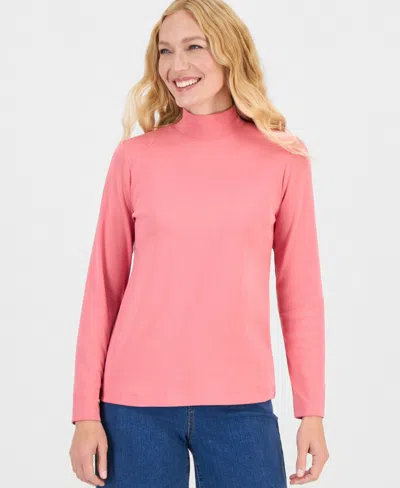 Style & Co Petite Mock-neck Cotton Long-sleeve T-shirt, Created For Macy's In Pink