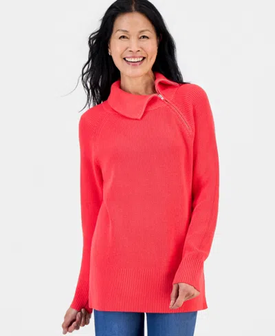 Style & Co Petite Mock-neck Asymmetrical-zipper Sweater, Created For Macy's In Red