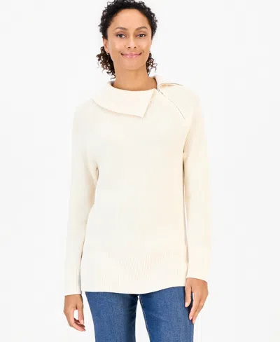 Style & Co Petite Mock-neck Asymmetrical-zipper Sweater, Created For Macy's In White