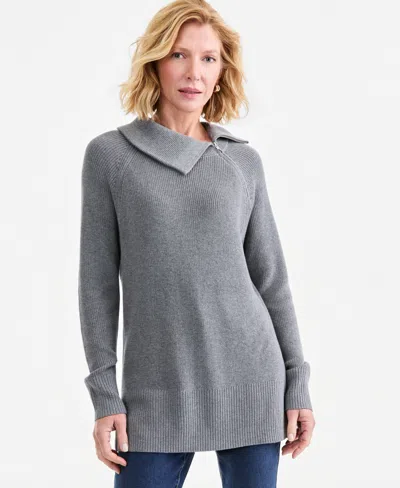 Style & Co Petite Mock-neck Asymmetrical-zipper Sweater, Created For Macy's In Gray