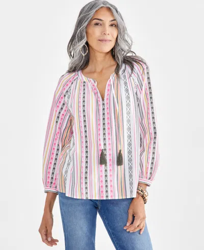 Style & Co Petite Mountain Stripe Popover Peasant Blouse, Created For Macy's In Mountain White