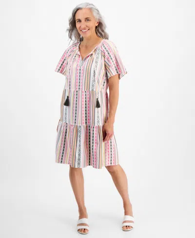 Style & Co Women's Stripe Split-neck Tiered Dress, Created For Macy's In Mount St White