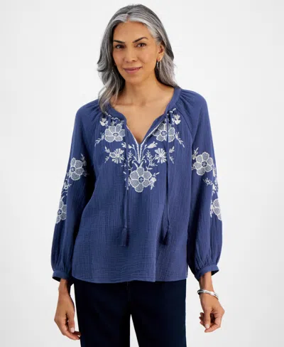 Style & Co Petite Nala Embroidered Popover Peasant Blouse, Created For Macy's In Nala Blue