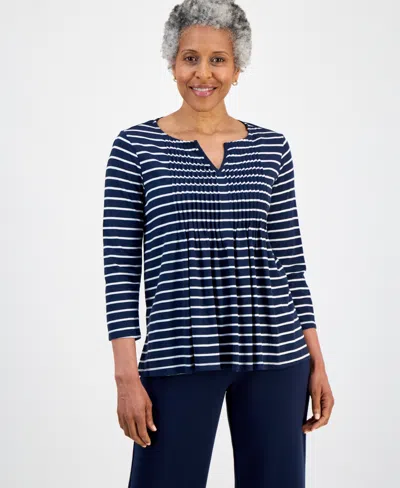 Style & Co Petite Notch-neck Long-sleeve Pintuck Top, Macy's Exclusive In Blue