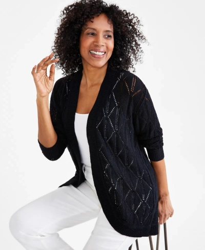 Style & Co Petite Open-stitch Long-sleeve Cardigan, Created For Macy's In Deep Black