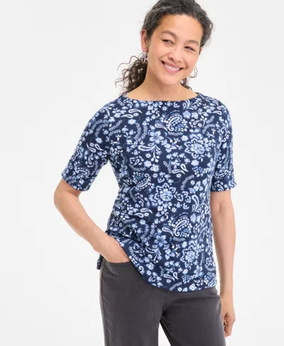 Style & Co Petite Paisley Bloom Elbow-sleeve Knit Top, Exclusively At Macy's In Blue
