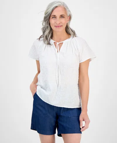 Style & Co Petite Paisley Bloom Flutter-sleeve Popover Top, Exclusively At Macy's In White